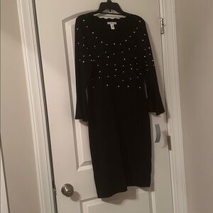 London Times Black Sweater Dress with Pearl Details